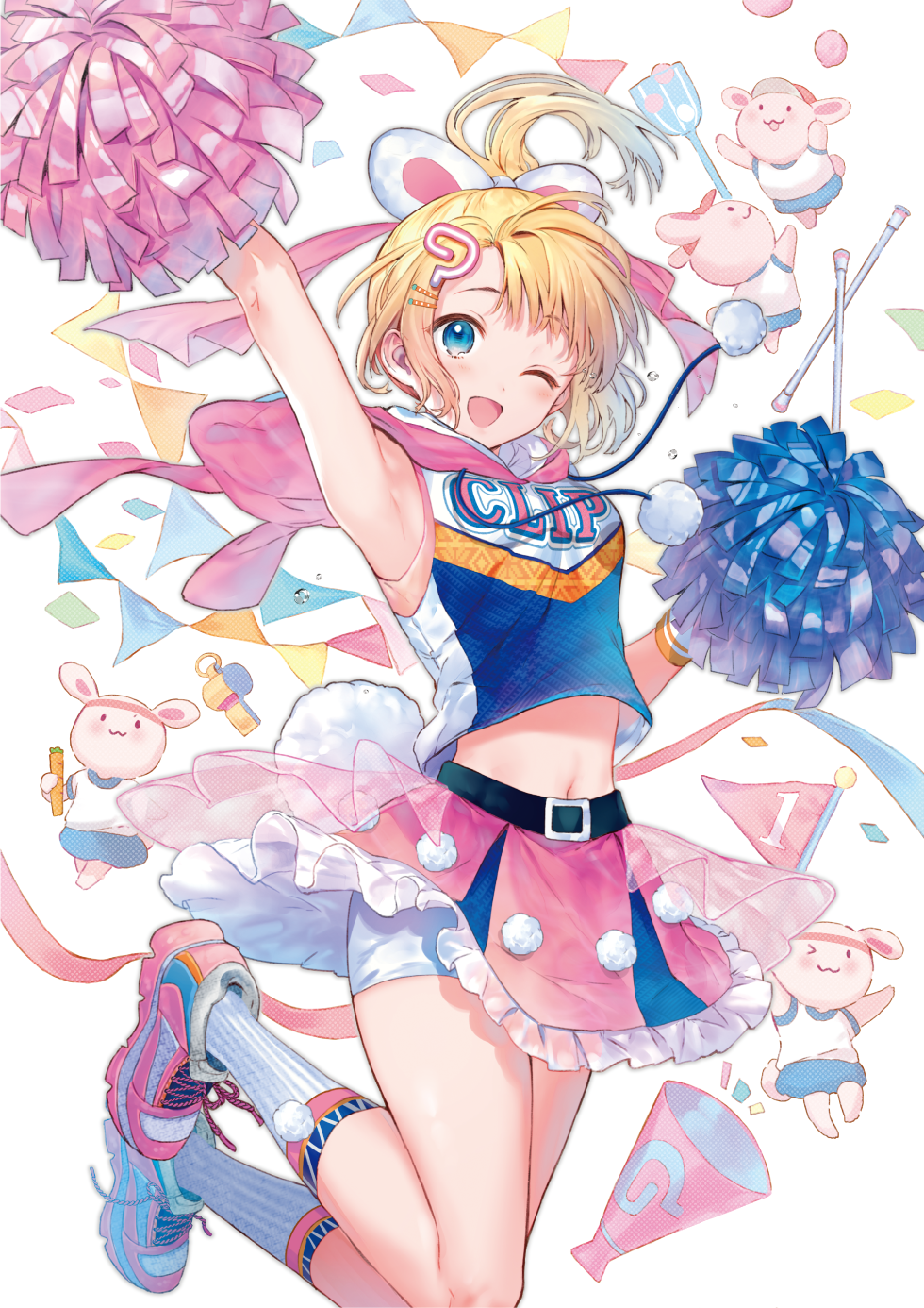 1girl ;d arm_up armpits artist_name bangs bare_arms belt belt_buckle bike_shorts blonde_hair blue_eyes blue_shirt blush breasts buckle cheerleader clothes_writing crop_top crop_top_overhang drumsticks eyebrows_visible_through_hair flag floating_hair frilled_skirt frills hair_ornament hair_ribbon hairclip hanekoto highres holding_pom_poms hood hood_down kneehighs legs_up long_hair megaphone midriff miniskirt navel one_eye_closed open_mouth original pink_footwear pink_ribbon pink_skirt pom_pom_(clothes) pom_poms ponytail ribbon shirt shoes shorts shorts_under_skirt sidelocks skirt sleeveless sleeveless_shirt small_breasts smile sneakers solo stuffed_toy tareme underskirt whistle white_background white_legwear white_shorts