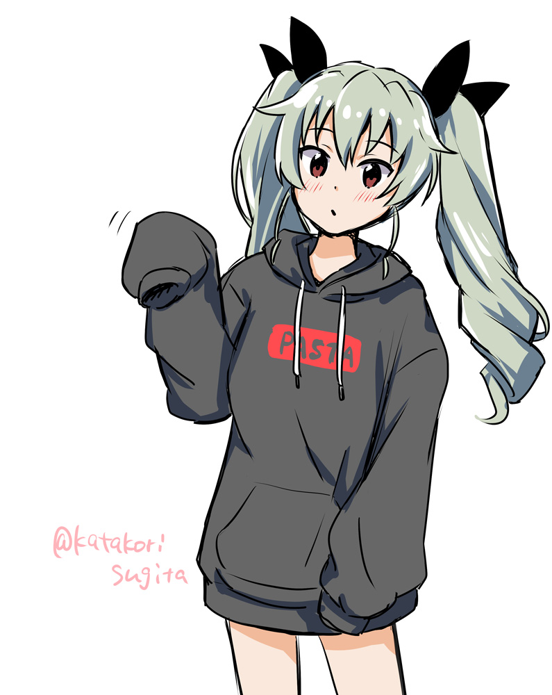 1girl :o anchovy bangs black_shirt casual commentary cowboy_shot drawstring english_text eyebrows_visible_through_hair girls_und_panzer green_hair hood hoodie katakori_sugita leaning_to_the_side light_blush long_hair long_sleeves looking_at_viewer motion_lines no_pants oversized_clothes parted_lips print_shirt red_eyes shirt simple_background sleeves_past_fingers sleeves_past_wrists solo standing twitter_username white_background