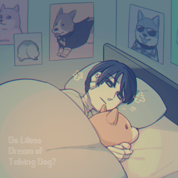 1boy android bed black_eyes black_hair comforter deal_(va-11_hall-a) lying male_focus on_side poster_(object) solo stuffed_animal stuffed_toy va-11_hall-a welsh_corgi y_(35504109)