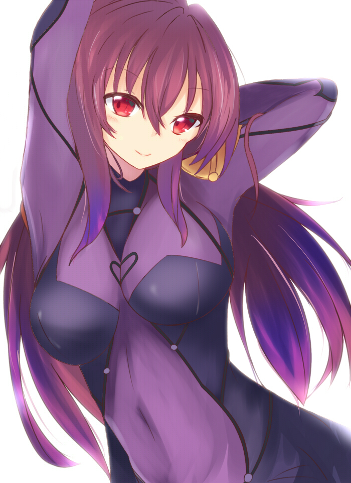 1girl arms_behind_head arms_up bodysuit breasts commentary_request covered_navel fate/grand_order fate_(series) hair_intakes harudon large_breasts leotard long_hair looking_at_viewer purple_bodysuit purple_hair purple_leotard red_eyes scathach_(fate)_(all) scathach_(fate/grand_order) simple_background smile solo very_long_hair white_background