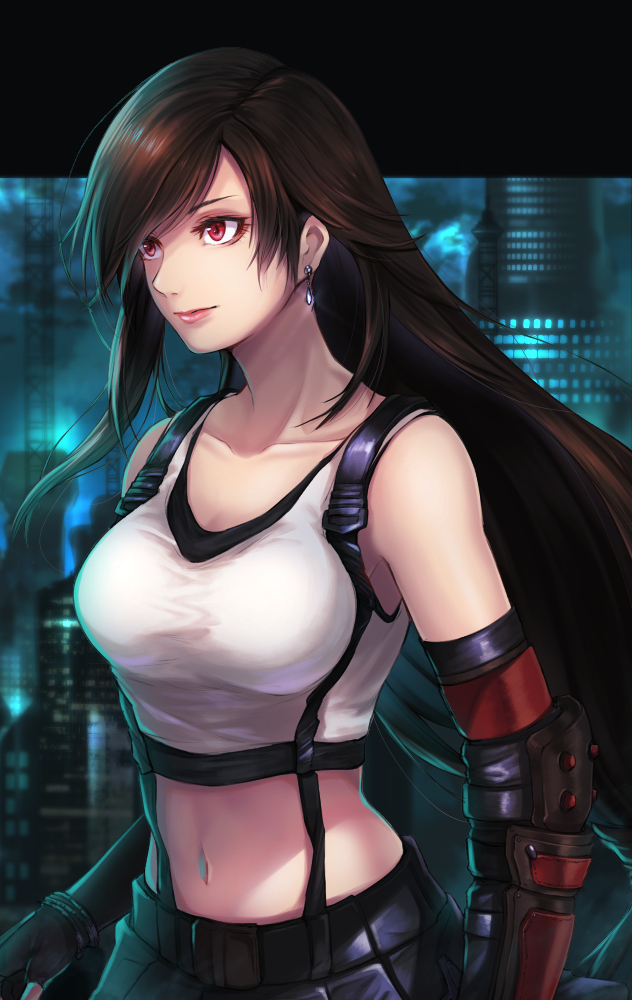 1girl bangs bare_shoulders black_hair black_skirt breasts building commentary cowboy_shot crop_top earrings elbow_gloves eyebrows_visible_through_hair final_fantasy final_fantasy_vii gloves jewelry long_hair medium_breasts midriff navel pink_lips re_(re_09) red_eyes skirt solo standing stomach suspenders swept_bangs tank_top tifa_lockhart vambraces very_long_hair white_tank_top