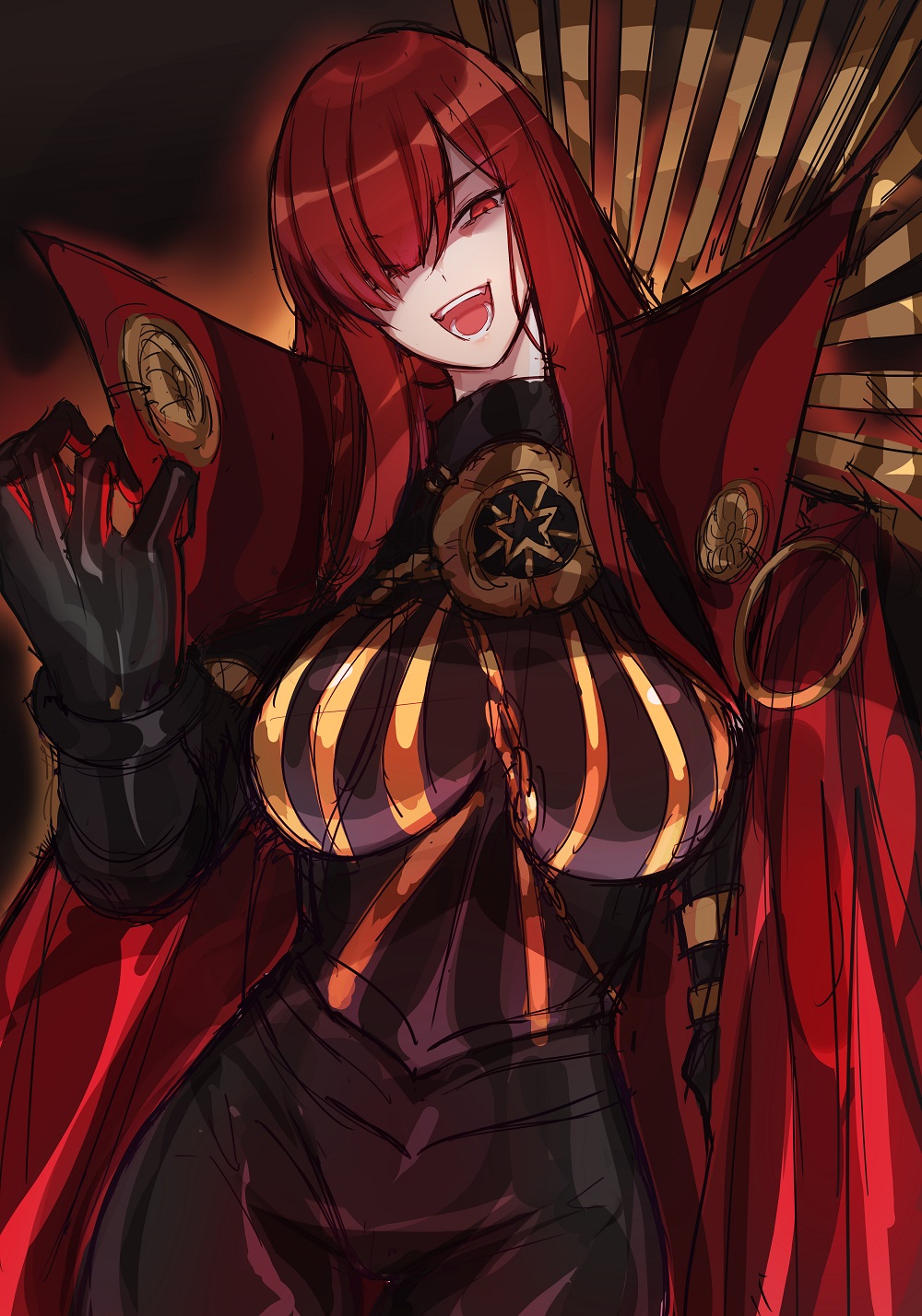 1girl :d black_gloves bodysuit breasts cape fate/grand_order fate_(series) gloves hair_over_one_eye highres k_jin large_breasts long_hair looking_at_viewer oda_nobunaga_(maou_avenger)_(fate) open_mouth red_eyes redhead sketch smile solo teeth very_long_hair
