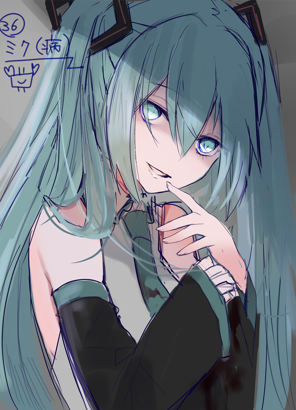 1girl bare_shoulders black_sleeves collared_shirt detached_sleeves finger_to_mouth fingernails green_eyes green_hair grey_background hair_ornament hand_up hatsune_miku highres long_hair long_sleeves looking_at_viewer parted_lips shirt sleeveless sleeveless_shirt sleeves_past_wrists solo two_side_up very_long_hair vocaloid white_shirt wide_sleeves yuuki_kira