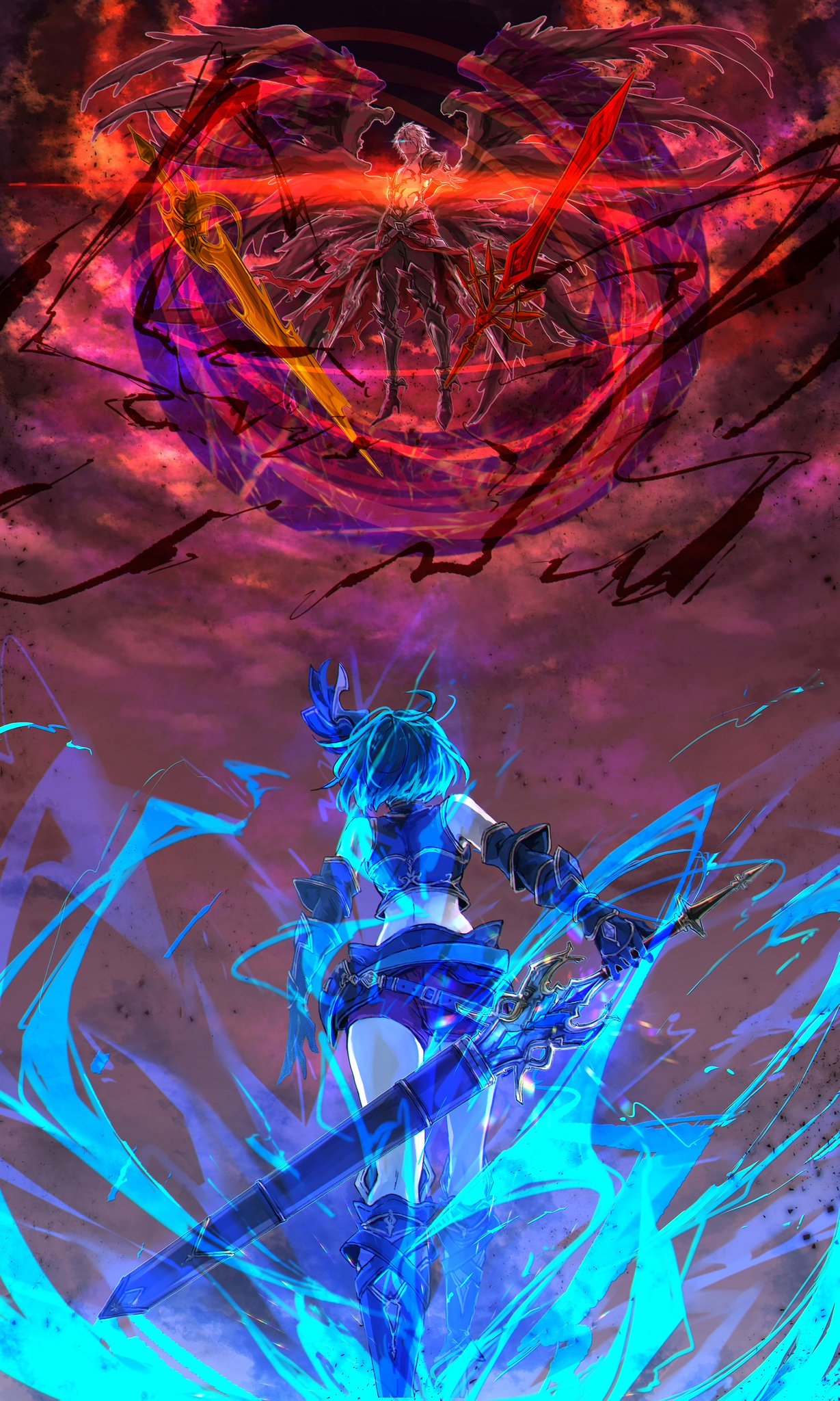 1boy 1girl aura bare_chest bare_shoulders belt black_wings blue_hair djeeta_(granblue_fantasy) djeeta_(granblue_fantasy)_(guider_to_the_eternal_edge) elbow_gloves floating from_behind gloves glowing glowing_eye granblue_fantasy hair_ornament hair_over_one_eye high_heels highres lucilius_(granblue_fantasy) malbatrossr outstretched_hand pauldrons sword weapon white_hair wings
