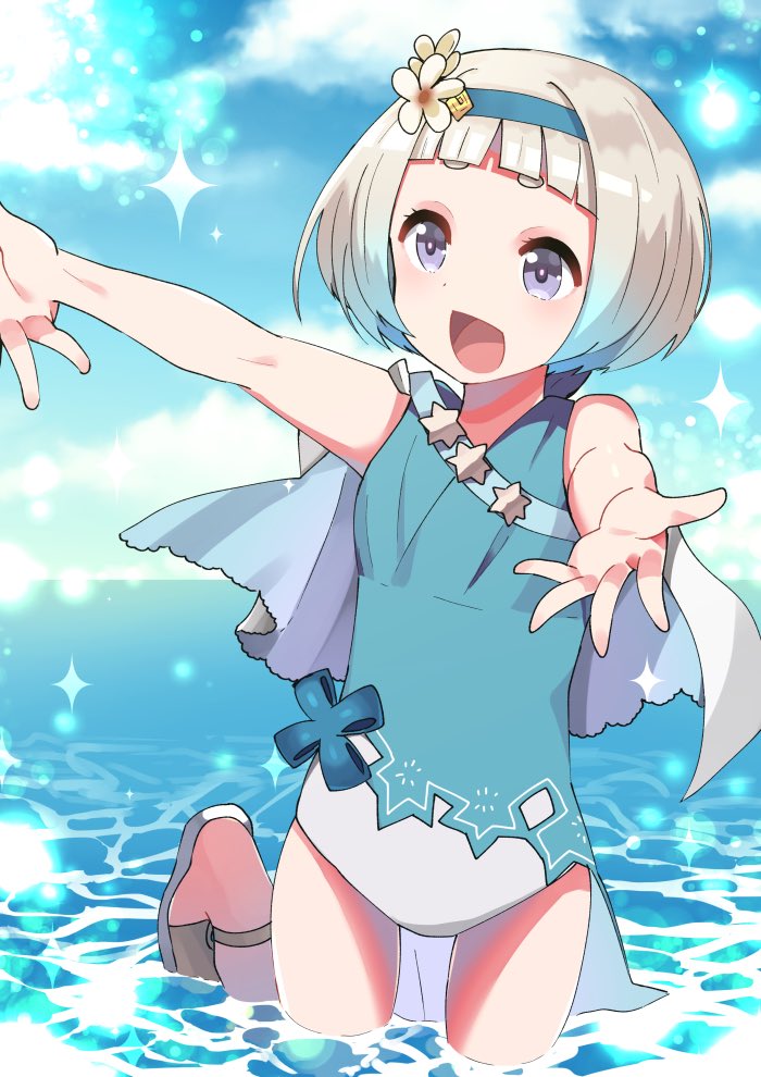 1girl blue_hair blue_sky clouds day fire_emblem fire_emblem_heroes flower gradient_hair hair_flower hair_ornament hairband leg_up multicolored_hair one-piece_swimsuit open_mouth outdoors outstretched_arms riki_my_p sandals short_hair sky solo swimsuit violet_eyes wading water white_hair ylgr_(fire_emblem)