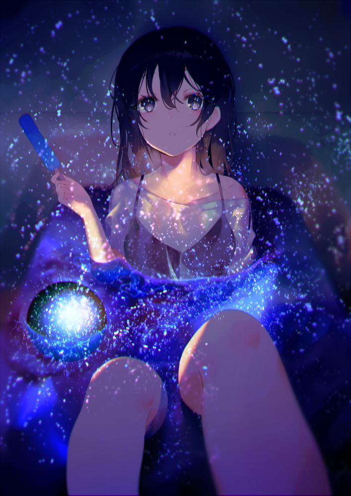 1girl achiki ball bangs bare_legs bare_shoulders bikini bikini_top black_bikini_top black_hair blurry blurry_background blush breasts collarbone dark expressionless feet_out_of_frame food glowing gradient gradient_background hair_between_eyes hand_up holding holding_food light_particles long_hair looking_at_viewer looking_up original parted_lips partially_submerged popsicle sidelocks sitting solo swimsuit violet_eyes water wet