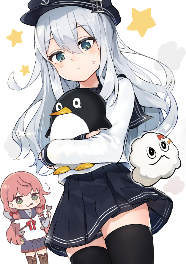 2girls :q akashi_(kantai_collection) anchor animal bangs bird black_legwear blue_eyes blush closed_mouth clouds eyebrows_visible_through_hair failure_penguin flat_cap green_eyes hair_ribbon hat hibiki_(kantai_collection) hip_vent holding holding_animal holding_wrench kantai_collection long_hair long_sleeves miss_cloud mitamgr multiple_girls penguin pink_hair ribbon sailor_collar school_uniform serafuku skirt standing star sweat sweatdrop thigh-highs tongue tongue_out tress_ribbon white_background wrench