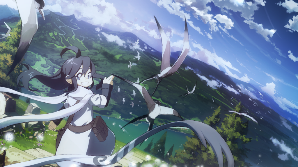 1girl :d ahoge animal back bag bangs belt belt_pouch bird black_hair blue_eyes blue_sky clouds cloudy_sky commentary_request day dress floating_hair flower flying forest from_behind grass grin hair_between_eyes hand_gesture hand_up landscape long_hair long_scarf long_sleeves looking_at_viewer looking_back mountain nature open_mouth original outdoors pouch river rock scarf scenery shoulder_bag sky smile solo stairs standing stone_stairs teeth tree water white_dress whitebear wide_shot