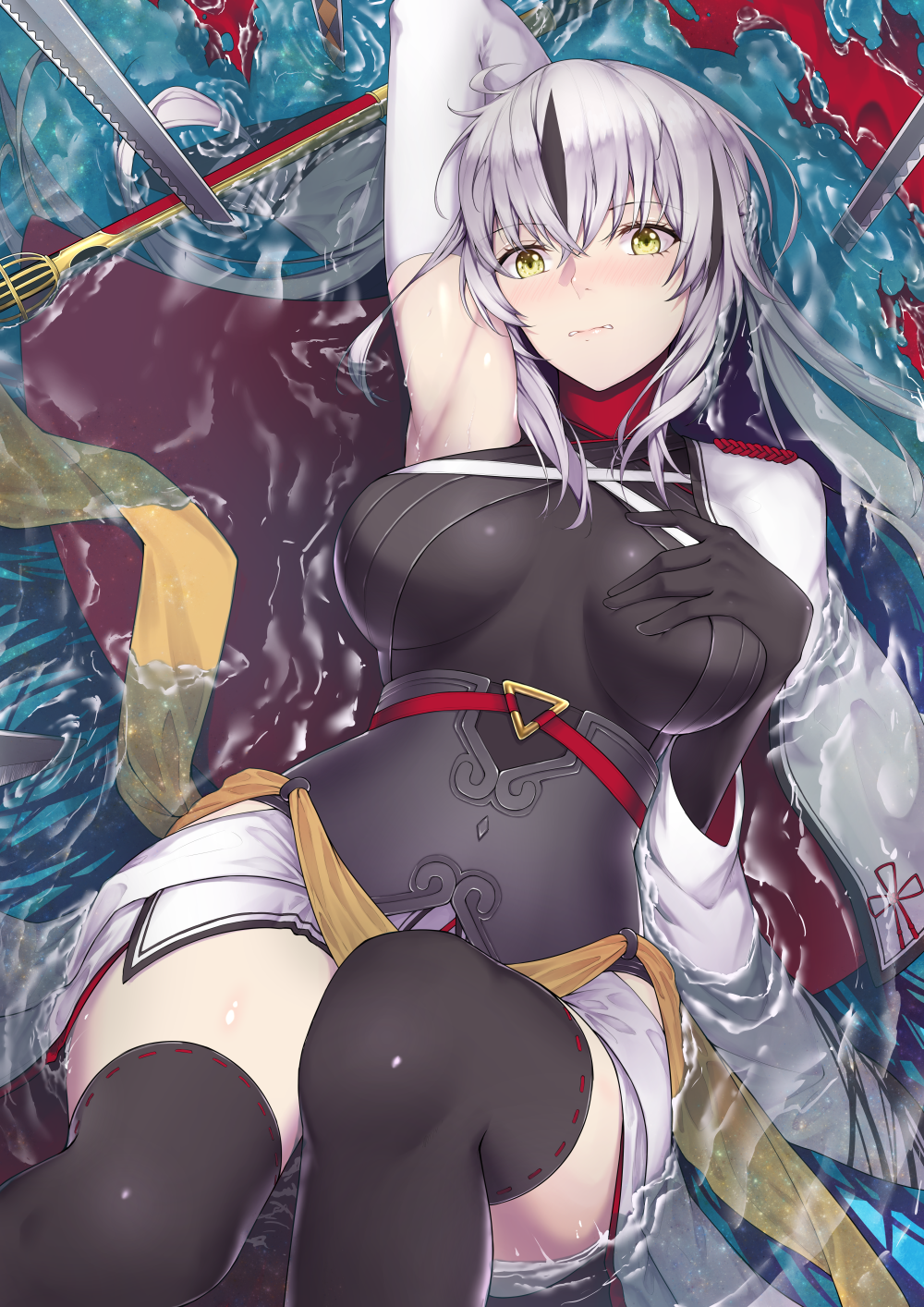 1girl arm_behind_head armpits black_gloves black_hair black_legwear breasts capelet fate/grand_order fate_(series) gloves hair_between_eyes highres long_hair looking_at_viewer lying medium_breasts multicolored_hair nagao_kagetora_(fate) on_back open_mouth scal2let solo thigh-highs white_capelet white_hair yellow_eyes