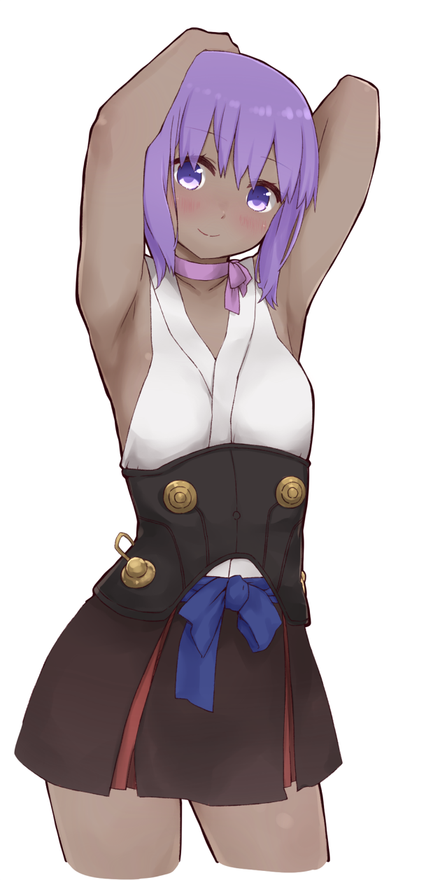 1girl armpits arms_up bangs bare_arms bare_shoulders black_skirt blue_bow blush bow breasts closed_mouth cosplay cowboy_shot cropped_legs dark_skin eyebrows_visible_through_hair fate/prototype fate/prototype:_fragments_of_blue_and_silver fate_(series) hair_between_eyes hassan_of_serenity_(fate) highres i.u.y japanese_clothes kimono koutetsujou_no_kabaneri mumei_(kabaneri) mumei_(kabaneri)_(cosplay) pleated_skirt purple_hair simple_background skirt sleeveless sleeveless_kimono small_breasts smile solo violet_eyes white_background white_kimono