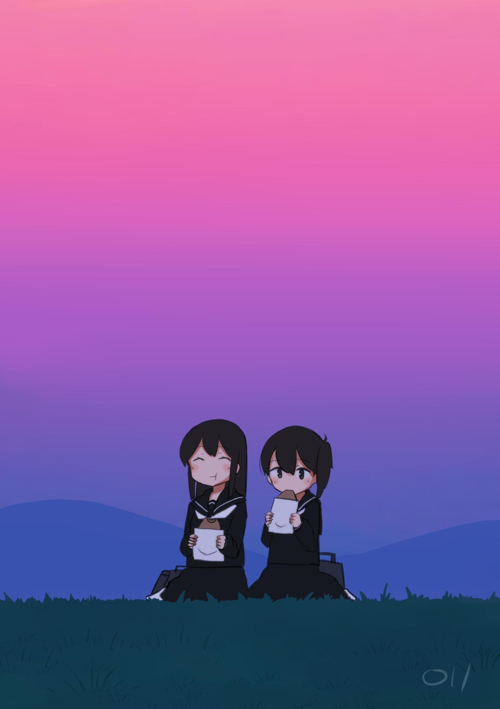 2girls akagi_(kantai_collection) black_hair black_sailor_collar black_serafuku black_skirt dusk eating gradient_sky grass highres kaga_(kantai_collection) kantai_collection long_hair ma_rukan mountain multiple_girls neckerchief pleated_skirt purple_sky sailor_collar scenery school_uniform serafuku short_hair side_ponytail skirt sky white_neckwear