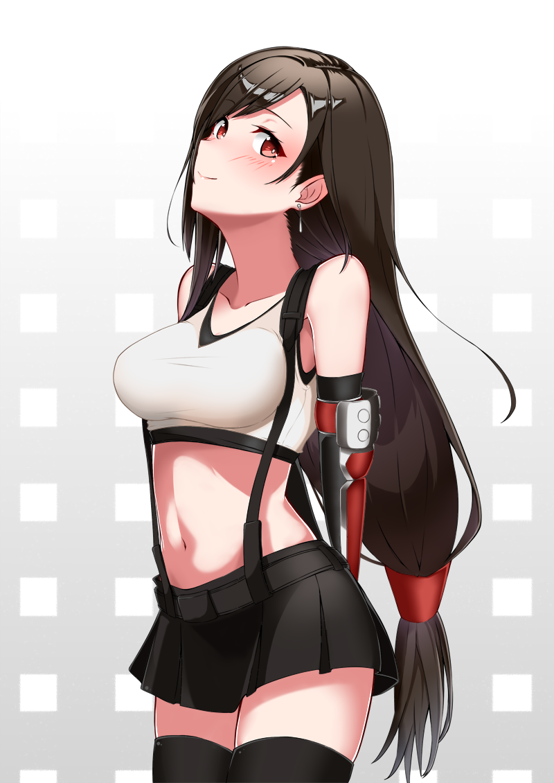 1girl arms_behind_back bangs bare_shoulders black_hair black_legwear black_skirt breasts closed_mouth collarbone commentary_request cowboy_shot earrings elbow_gloves elbow_pads eyebrows_visible_through_hair final_fantasy final_fantasy_vii final_fantasy_vii_remake gloves jewelry large_breasts long_hair looking_at_viewer low-tied_long_hair mizumok1 navel red_eyes shirt simple_background skirt smile solo standing suspender_skirt suspenders tank_top taut_clothes taut_shirt thigh-highs tifa_lockhart white_shirt