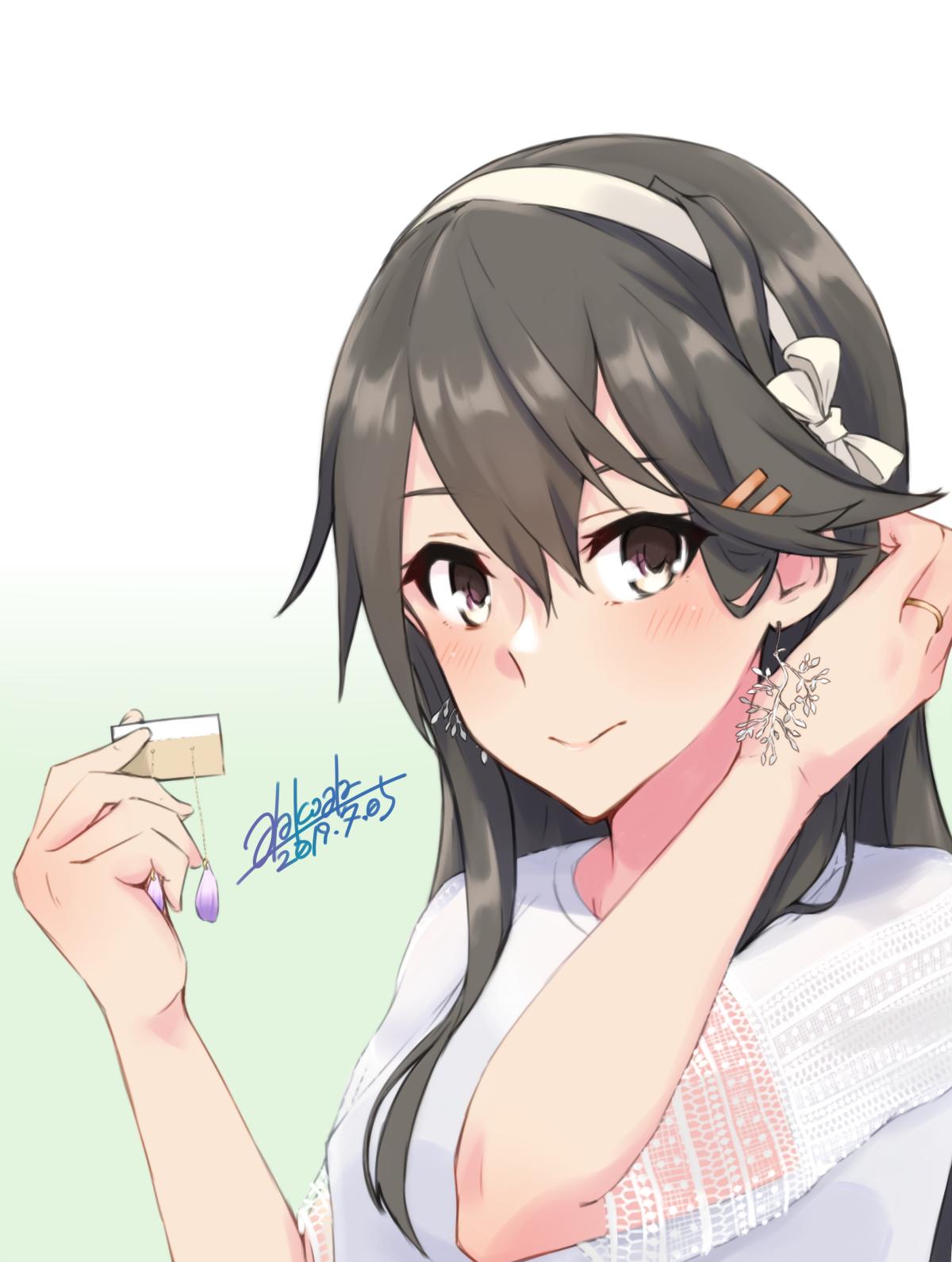 1girl alakoala_shoushou alternate_costume artist_name black_hair brown_eyes dated earrings hair_ornament hairband hairclip haruna_(kantai_collection) highres jewelry kantai_collection long_hair looking_at_viewer shirt short_sleeves simple_background solo white_background white_hairband white_shirt