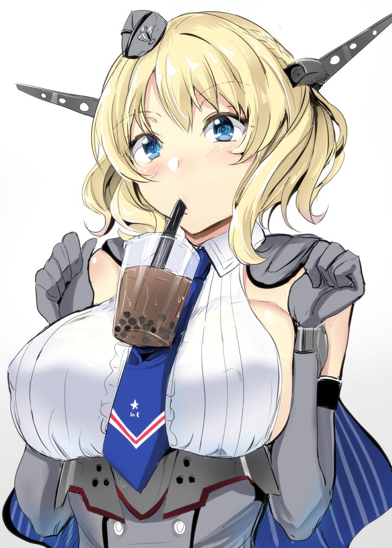 1girl bare_shoulders blonde_hair blue_capelet blue_eyes blue_neckwear blush braid breasts capelet colorado_(kantai_collection) cup drink drinking drinking_straw elbow_gloves french_braid garrison_cap gin'ichi_(akacia) gloves grey_gloves grey_headwear hat headgear kantai_collection large_breasts looking_at_viewer necktie short_hair sideboob simple_background solo tawawa_challenge upper_body white_background