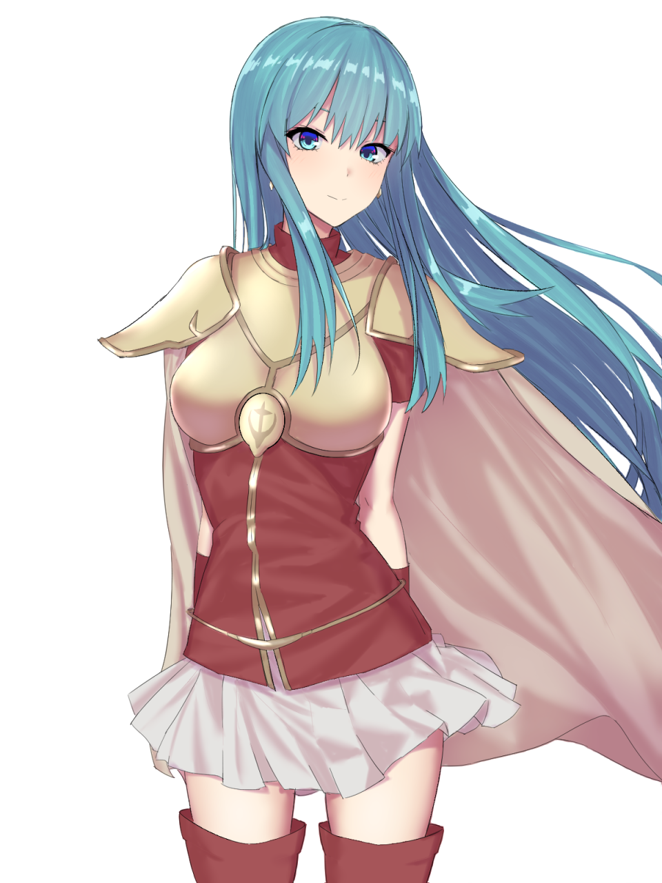 1girl aqua_hair arms_behind_back blue_eyes breastplate cape closed_mouth earrings eirika elfenlied22 fire_emblem fire_emblem:_seima_no_kouseki fire_emblem:_the_sacred_stones highres intelligent_systems jewelry long_hair nintendo simple_background skirt smile solo upper_body white_background white_skirt