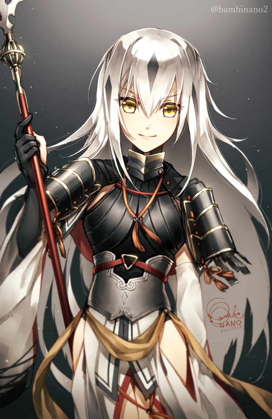 1girl armor armored_dress artist_name bambi_nano black_background black_gloves black_hair black_shirt commentary_request elbow_gloves fate/grand_order fate_(series) gloves grey_hair hair_between_eyes highres hip_vent holding holding_spear holding_weapon japanese_armor light_smile long_hair looking_at_viewer multicolored_hair nagao_kagetora_(fate) partly_fingerless_gloves polearm shirt shoulder_armor signature simple_background sode solo spear streaked_hair twitter_username very_long_hair weapon white_sleeves wide_sleeves yellow_eyes