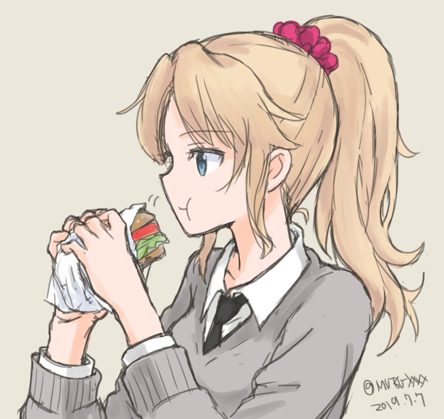 1girl alternate_hairstyle bangs blonde_hair blue_eyes brown_background collarbone dated eating food girls_und_panzer hamburger high_ponytail kay_(girls_und_panzer) long_hair long_sleeves mutsu_(layergreen) necktie ponytail saunders_school_uniform school_uniform scrunchie simple_background solo sweater twitter_username