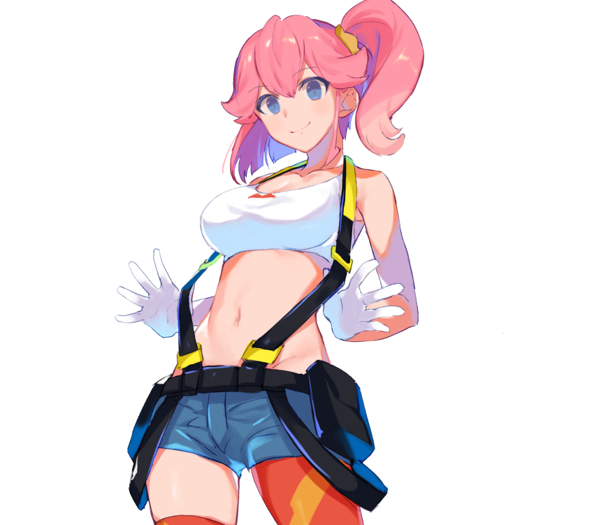 1girl aina_ardebit blue_eyes gloves long_hair midriff mr0308 open_mouth pink_hair promare shorts side_ponytail smile suspenders thigh-highs