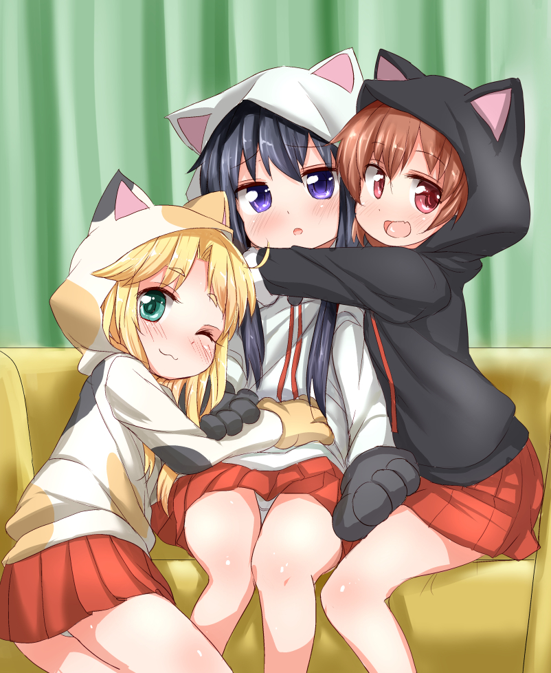 3girls ;3 ;d animal_ears animal_hood black_gloves black_hair black_hoodie blonde_hair blush brown_gloves brown_hair cat_ears cat_hood closed_mouth commentary_request couch curtains fake_animal_ears gloves green_eyes himesaka_noa hood hood_up hoodie hoshino_hinata inyucchi long_hair looking_at_viewer multiple_girls on_couch one_eye_closed open_mouth panties parted_lips paw_gloves paws pleated_skirt red_eyes red_skirt shirosaki_hana skirt smile underwear violet_eyes watashi_ni_tenshi_ga_maiorita! white_gloves white_hoodie white_panties