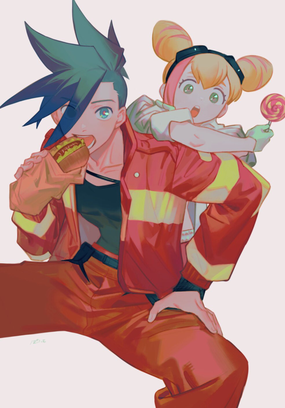1boy 1girl blonde_hair blue_eyes blue_hair candy double_bun eating food galo_thymos gloves goggles highres hot_dog jacket labcoat leaning_on_person lollipop lucia_fex multicolored_hair open_mouth pofu31 promare spiky_hair two-tone_hair