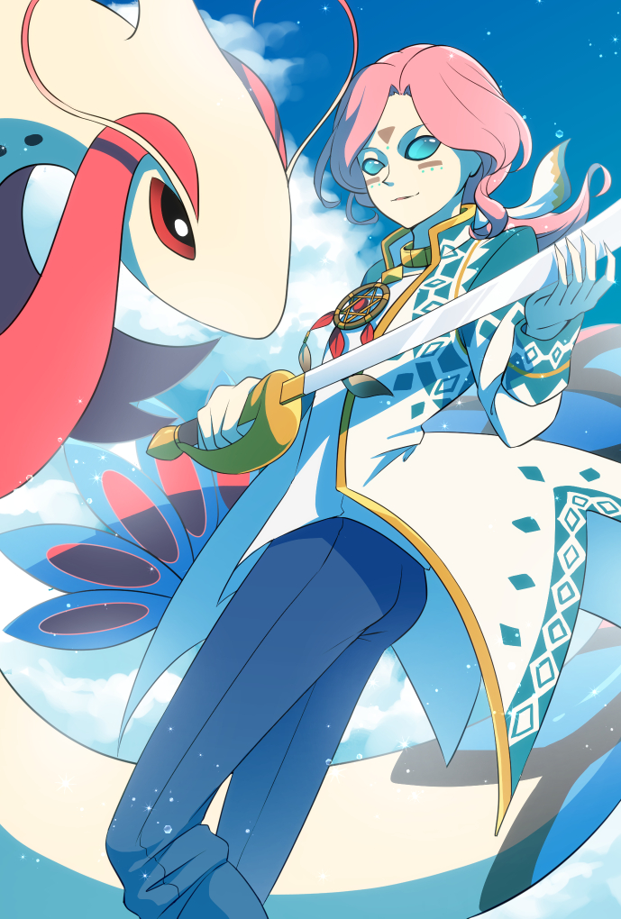 1boy blue_eyes blue_sky clouds facial_mark forehead_mark gen_3_pokemon gloves holding holding_sword holding_weapon identity_v jewelry joseph_(identity_v) medium_hair milotic outdoors pink_hair pokemon red_eyes sky solo standing sword twisted_torso weapon white_gloves y_y-sea-m_m