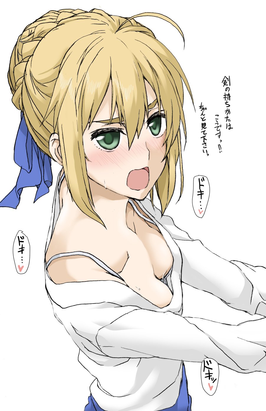 1girl ahoge artoria_pendragon_(all) bare_shoulders blonde_hair blue_ribbon blush bra_strap braid breasts collarbone downblouse elf_(stroll_in_the_woods) fate/stay_night fate_(series) french_braid hair_between_eyes hair_ribbon highres open_mouth ribbon saber small_breasts solo white_background