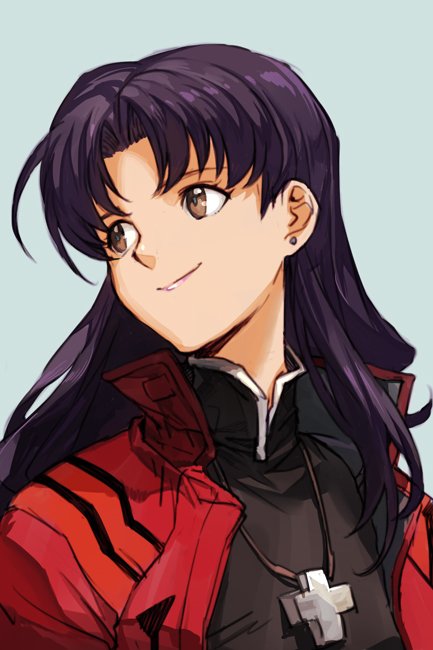 1girl bangs blue_background brown_eyes cross cross_necklace earrings hankuri jacket jewelry katsuragi_misato lips long_hair long_sleeves looking_to_the_side necklace neon_genesis_evangelion parted_bangs purple_hair red_jacket shiny shiny_hair simple_background smile solo upper_body