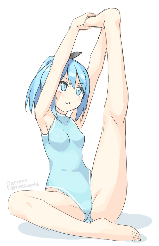1girl arms_up ass_visible_through_thighs bangs bare_arms bare_legs bare_shoulders barefoot black_ribbon blue_eyes blue_hair blue_leotard blush breasts eyebrows_visible_through_hair full_body groin hair_ribbon hatsunatsu leg_up leotard original parted_lips ribbon shadow sidelocks small_breasts solo sweat twitter_username v-shaped_eyebrows white_background
