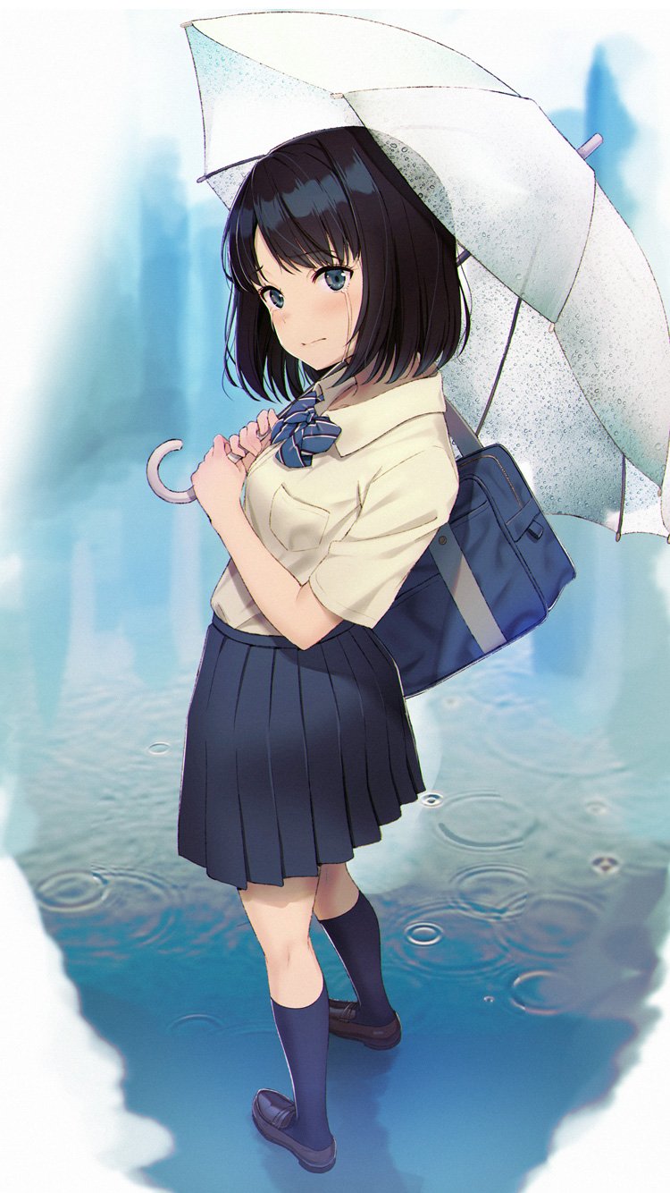 1girl bag black_footwear black_hair blue_eyes blue_legwear blue_neckwear blue_skirt blush bow bowtie breast_pocket breasts closed_mouth collared_shirt crying crying_with_eyes_open duffel_bag full_body highres holding holding_umbrella hyuuga_azuri kneehighs loafers looking_at_viewer looking_back original plaid_neckwear pleated_skirt pocket ripples school_bag school_uniform shirt shirt_tucked_in shoes short_hair short_sleeves skirt small_breasts solo standing tears transparent transparent_umbrella umbrella water white_shirt