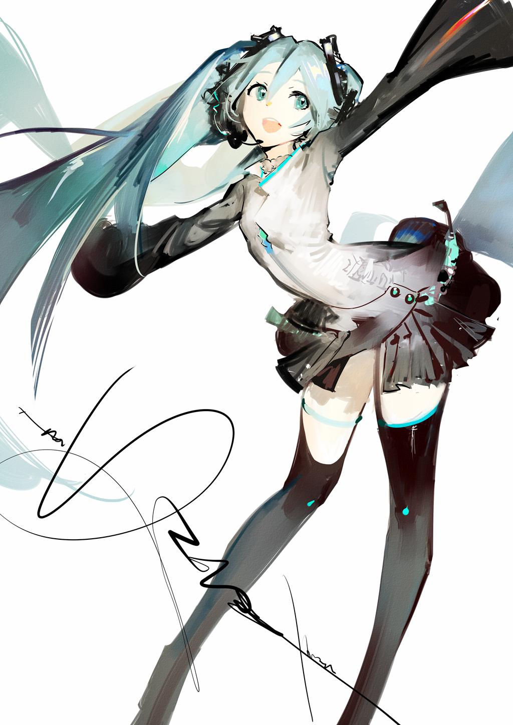 1girl aqua_eyes aqua_hair asymmetrical_legwear black_legwear black_skirt feet_out_of_frame hair_ornament hatsune_miku headset highres leaning_forward long_hair looking_to_the_side outstretched_arms signature skirt smile solo standing thigh-highs twintails very_long_hair vocaloid yyb zettai_ryouiki