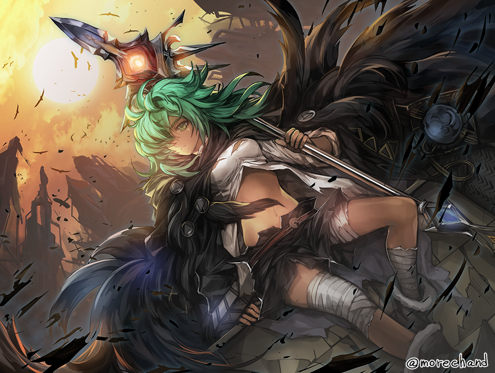 1girl aqua_eyes bandages cape granblue_fantasy hair_over_one_eye kolulu_(granblue_fantasy) long_hair messy_hair moreshan navel polearm sitting solo spear torn_clothes weapon