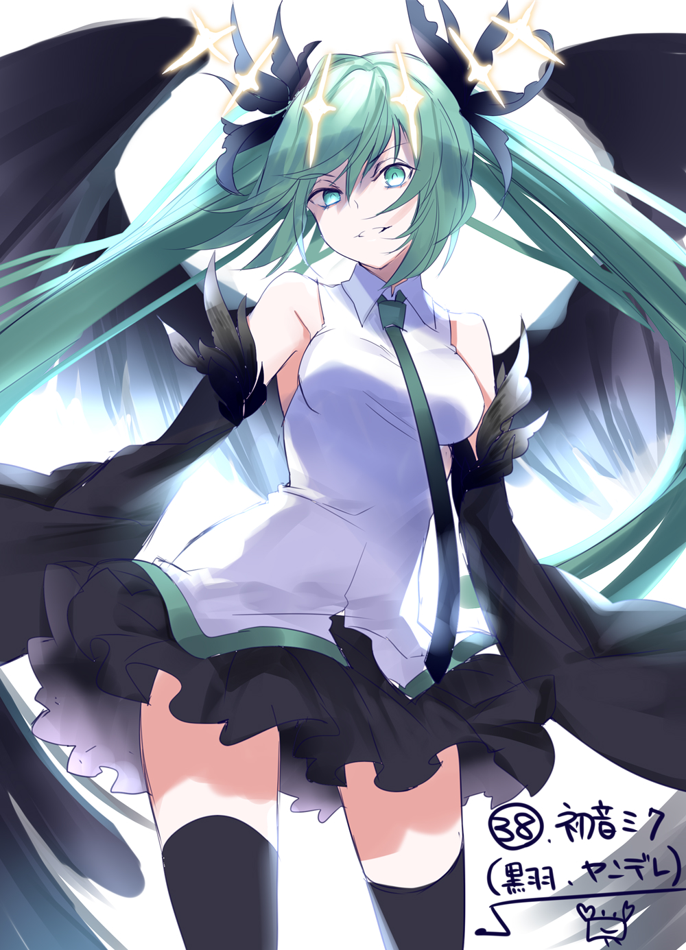 1girl bangs bare_shoulders black_legwear black_skirt black_sleeves black_wings breasts collared_shirt crazy_eyes detached_sleeves feathered_wings glowing green_eyes green_hair green_neckwear hair_between_eyes hair_ornament hatsune_miku highres long_hair long_sleeves medium_breasts necktie pleated_skirt shirt sidelocks simple_background skirt sleeveless sleeveless_shirt sleeves_past_fingers sleeves_past_wrists solo thigh-highs twintails very_long_hair vocaloid white_background white_shirt wings yuuki_kira