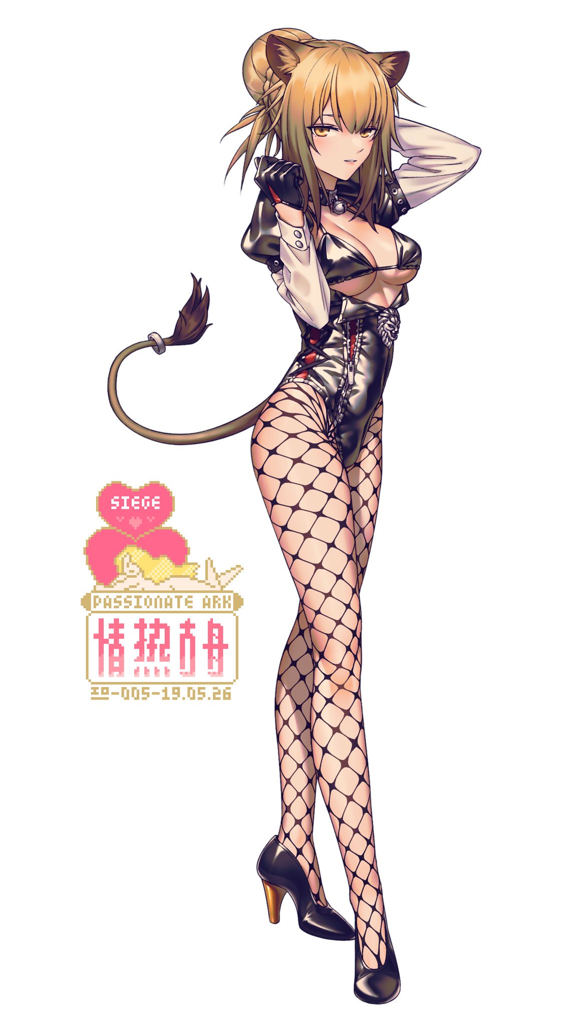 1girl animal_ears bell bell_collar bikini_top breasts brown_hair collar cross-laced_clothes fishnet_pantyhose fishnets full_body gloves hair_bun hand_on_own_head high_heels highres leotard lion_ears lion_tail looking_at_viewer original pantyhose parted_lips puffy_sleeves shiny shiny_clothes solo tail tail_ring white_background yan_wan yellow_eyes zipper_pull_tab