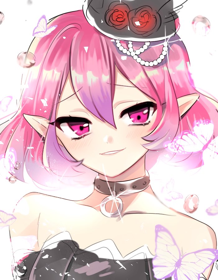 1girl bare_shoulders bug butterfly choker flower hair_between_eyes hat hat_flower insect lucid maple_mcher maplestory pink_eyes pink_hair pointy_ears short_hair smile