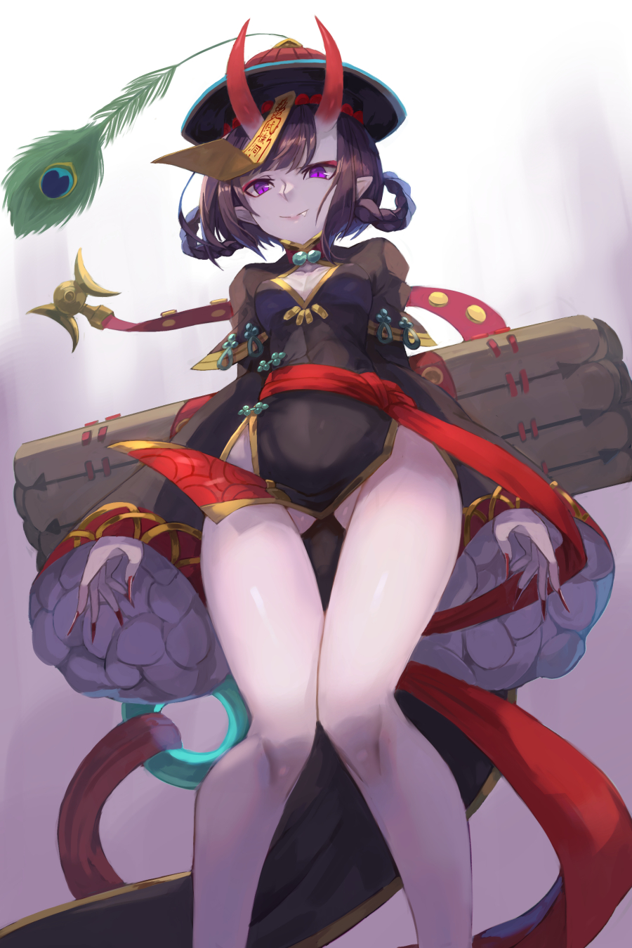 1girl black_dress blush breasts chinese_clothes cleavage_cutout david_lee dress fang fate/grand_order fate_(series) fingernails hat heroic_spirit_chaldea_park_outfit highres horns jiangshi long_fingernails long_sleeves looking_at_viewer ofuda oni oni_horns peacock_feathers pelvic_curtain purple_hair sash short_hair shuten_douji_(fate/grand_order) small_breasts smile solo violet_eyes