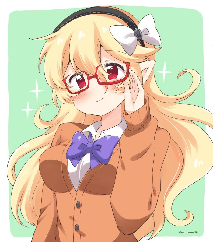 1girl alternate_costume bespectacled black_hairband blonde_hair closed_mouth corrin_(fire_emblem) corrin_(fire_emblem)_(female) eromame fire_emblem fire_emblem_fates glasses green_background hairband long_hair long_sleeves pointy_ears red-framed_eyewear red_eyes simple_background solo twitter_username upper_body