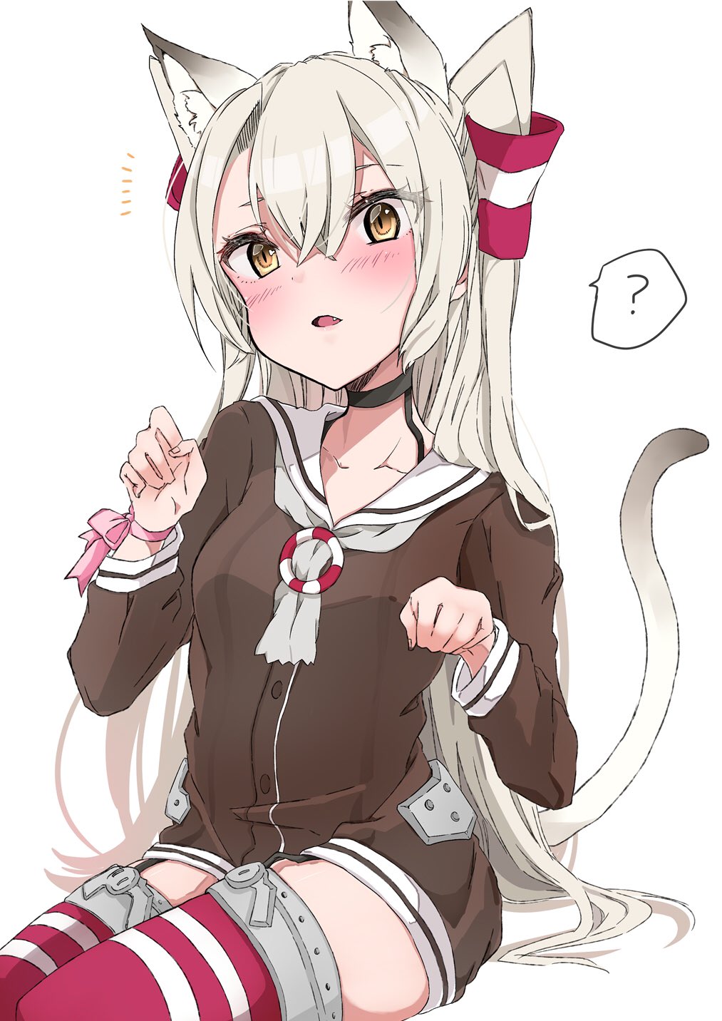 1girl ? amatsukaze_(kantai_collection) animal_ears brown_dress brown_eyes cat_ears cat_tail chigasaki_y commentary_request cowboy_shot dress fang garter_straps hair_tubes highres kantai_collection lifebuoy long_hair looking_at_viewer open_mouth paw_pose red_legwear sailor_dress short_dress silver_hair simple_background solo spoken_question_mark striped striped_legwear tail thigh-highs two_side_up white_background windsock