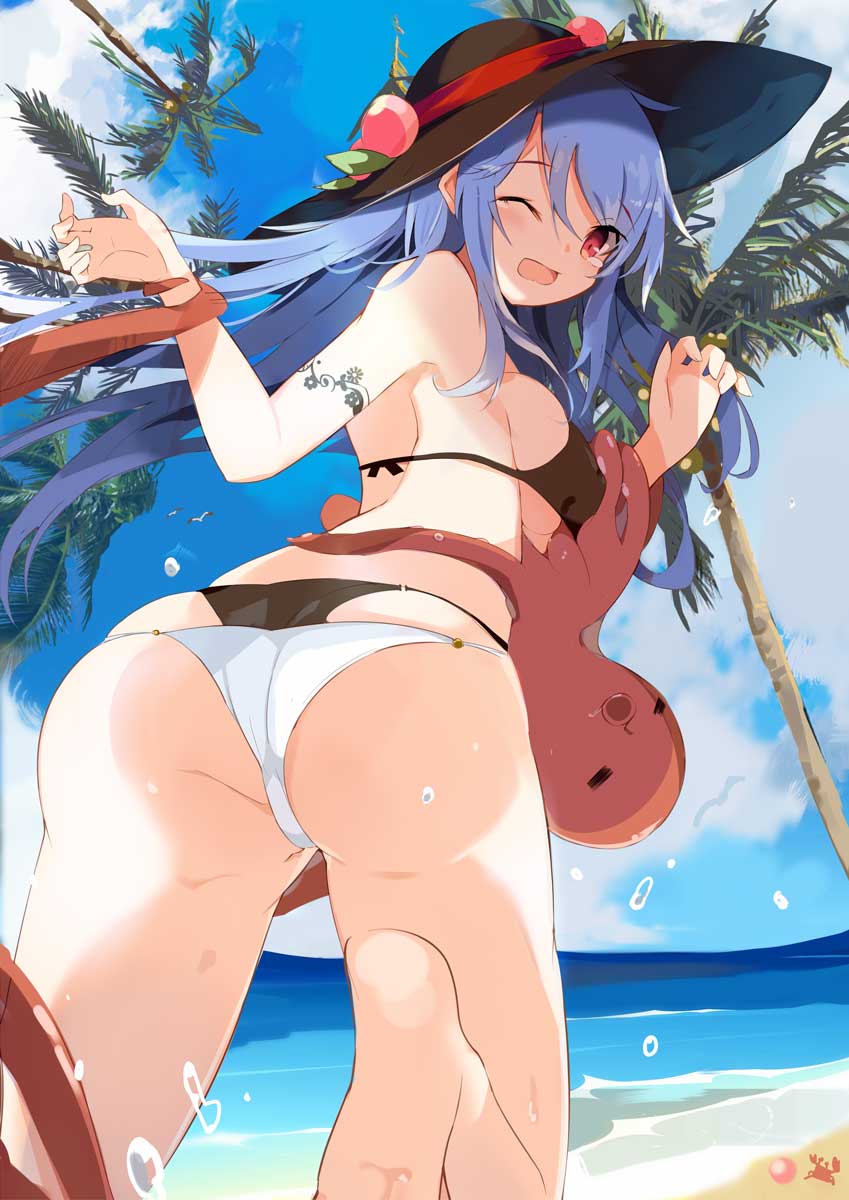 1girl ass bangs bare_arms bare_legs bare_shoulders barefoot beach bikini black_bikini black_headwear blue_hair blue_sky breasts clouds commentary_request cowboy_shot crab day eyebrows_visible_through_hair food from_behind fruit hair_between_eyes highres hinanawi_tenshi large_breasts layered_bikini leaf long_hair looking_at_viewer looking_back ocean octopus one_eye_closed open_mouth outdoors palm_tree peach red_eyes sidelocks sky solo swimsuit tears tetsurou_(fe+) thighs touhou tree twisted_torso water_drop white_bikini_bottom