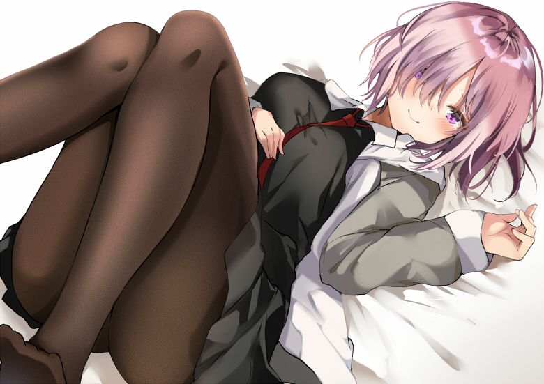 1girl bangs bed_sheet black_dress blush breasts brown_legwear closed_mouth collared_dress commentary_request dress fate/grand_order fate_(series) hair_over_one_eye hand_up jacket knees_up long_sleeves mash_kyrielight medium_breasts necktie no_shoes open_clothes open_jacket pantyhose pon_(ponidrop) purple_hair red_neckwear smile soles solo violet_eyes white_jacket