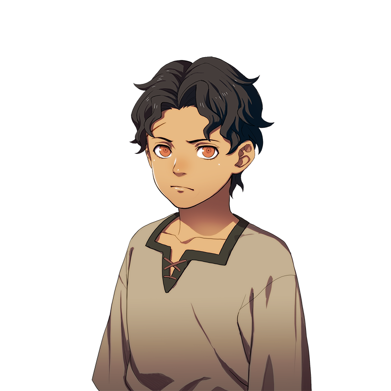 1boy brown_hair child cyril_(fire_emblem) dark_skin fire_emblem fire_emblem:_three_houses kurahana_chinatsu looking_at_viewer male_focus official_art orange_eyes solo transparent_background upper_body