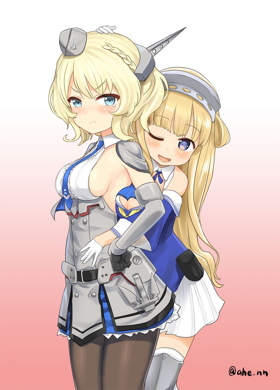 2girls :t ahenn black_gloves black_legwear blonde_hair blue_eyes blue_neckwear blue_shirt breasts capelet colorado_(kantai_collection) double_bun dress elbow_gloves fletcher_(kantai_collection) garrison_cap gloves gradient gradient_background grey_dress hairband hat headgear highres hug hug_from_behind kantai_collection large_breasts long_hair looking_at_viewer multiple_girls neckerchief necktie off_shoulder one_eye_closed open_mouth pantyhose pleated_dress pleated_skirt pout red_background sailor_collar school_uniform serafuku shin_guards shirt short_hair side_braids sideboob skirt sleeveless smile standing thigh-highs twitter_username white_background white_gloves white_legwear white_sailor_collar white_shirt white_skirt yellow_neckwear