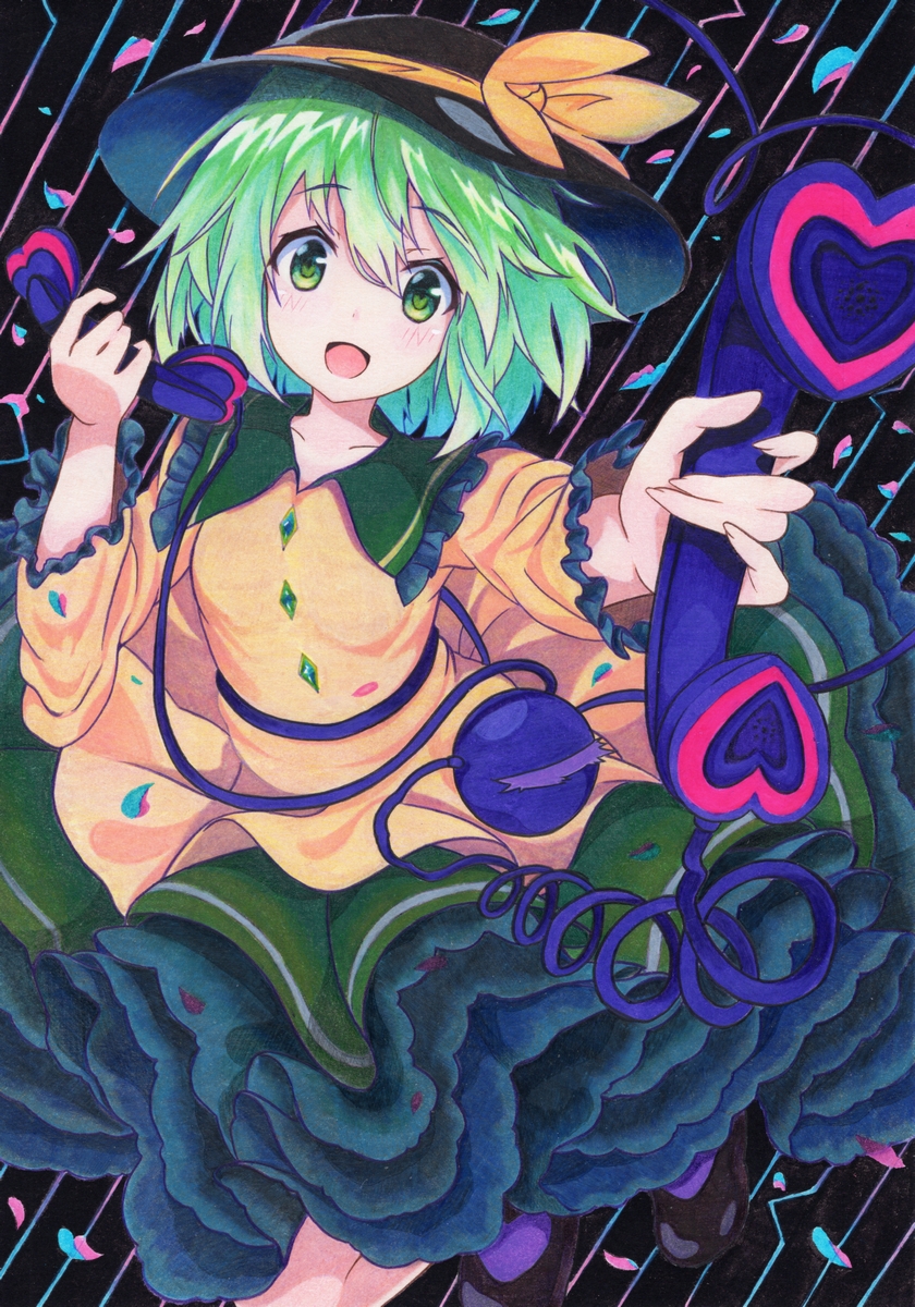 1girl :d bangs black_background black_headwear blush bow collarbone commentary_request eyebrows_visible_through_hair frilled_shirt_collar frilled_sleeves frills green_eyes green_hair green_skirt hair_between_eyes hand_up hat hat_bow heart highres holding holding_phone kittona komeiji_koishi long_sleeves looking_at_viewer open_mouth petticoat phone shirt short_hair skirt smile solo touhou traditional_media wide_sleeves yellow_bow yellow_shirt