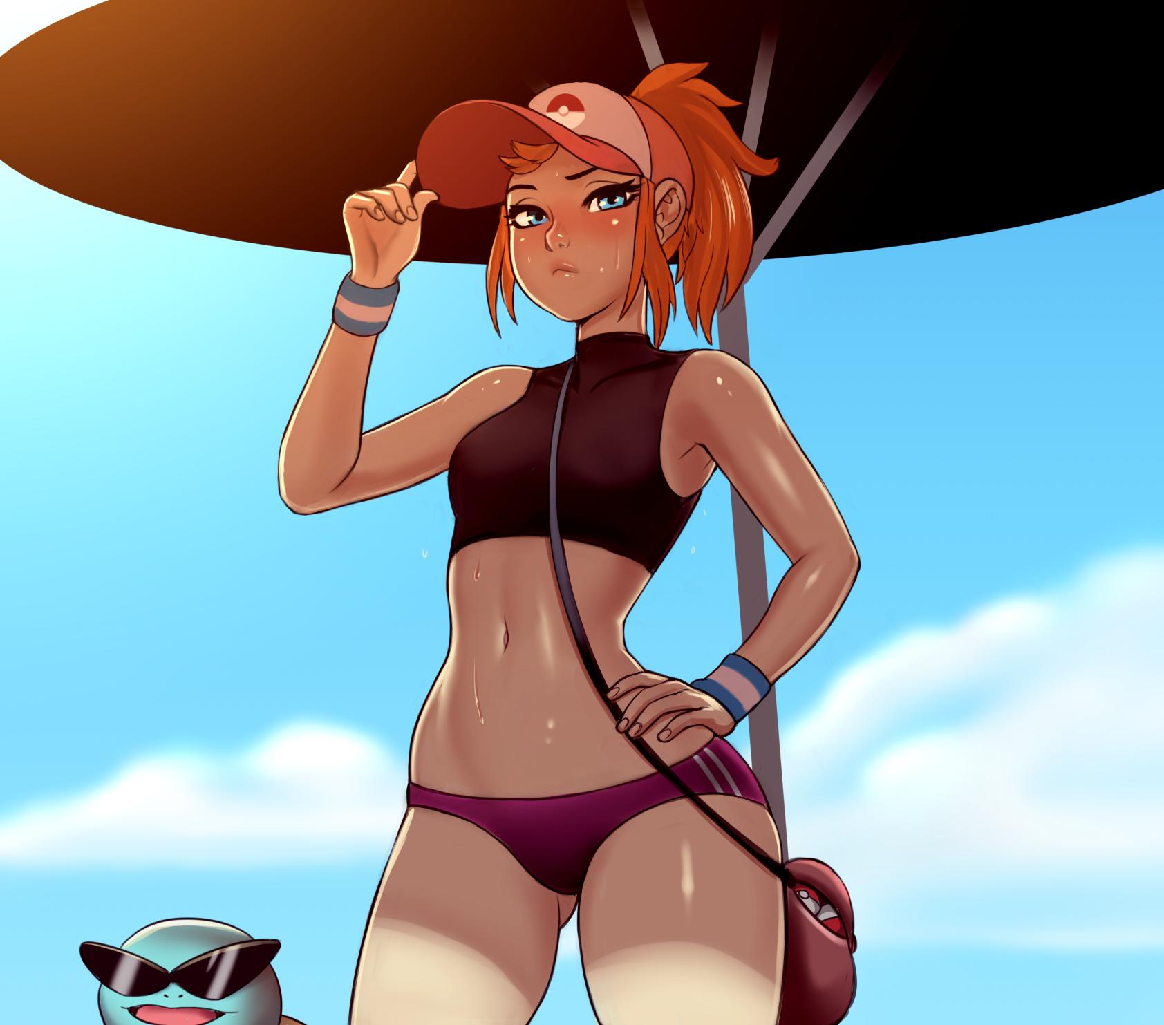 1girl :&lt; ass_visible_through_thighs bag baseball_cap beach_umbrella between_breasts blue_sky breasts day gen_1_pokemon hand_on_hip hat highres kamina_shades lips medium_hair menoziriath navel nose orange_hair outdoors poke_ball poke_ball_(generic) pokemon pokemon_(anime) pokemon_(creature) pokemon_trainer ponytail pun shade sky small_breasts solo_focus squirtle_squad standing stomach strap_between_breasts sunglasses swimsuit tankini thighs toned umbrella wristband