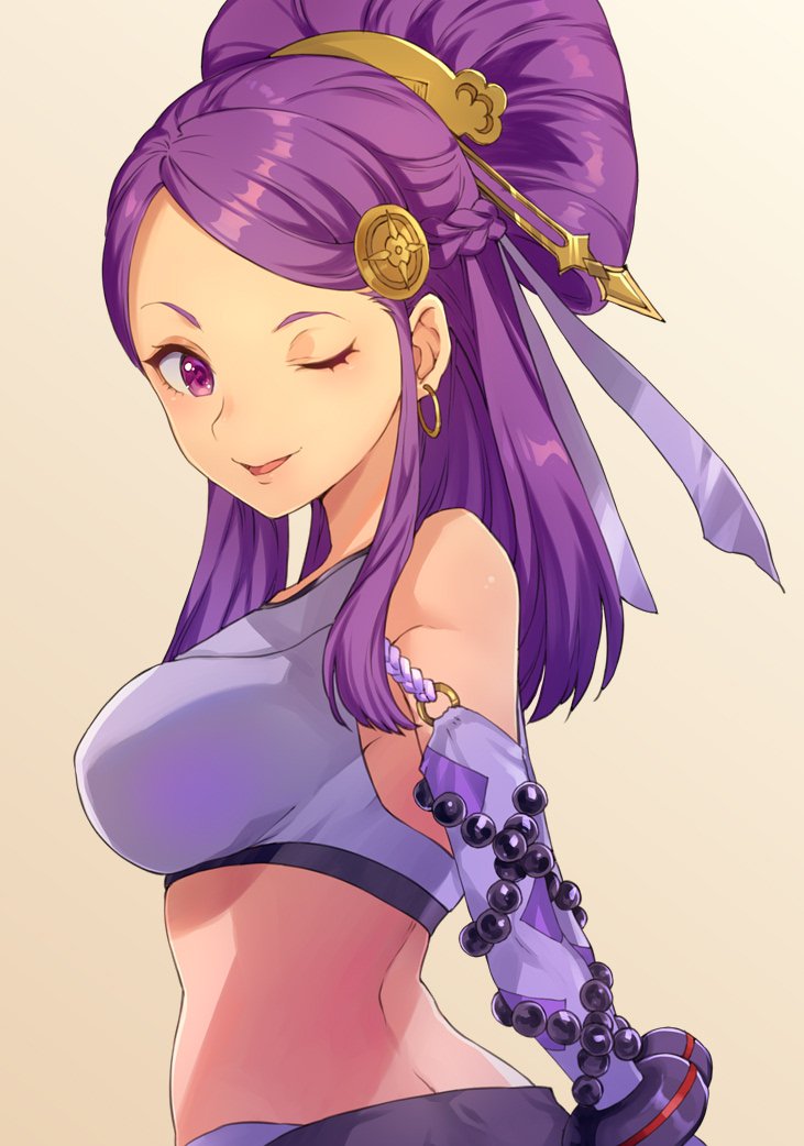 1girl beads earrings fire_emblem fire_emblem_fates from_side hair_ornament jewelry jurge long_hair looking_to_the_side one_eye_closed orochi_(fire_emblem) parted_lips purple_hair simple_background solo upper_body violet_eyes