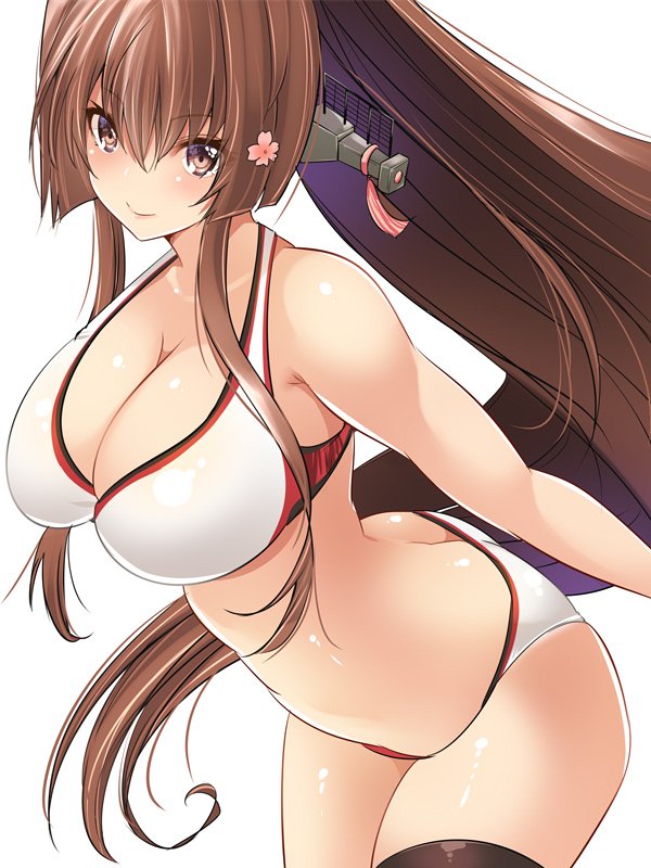 1girl ass bikini black_legwear blush breasts brown_hair collarbone eyebrows_visible_through_hair flower hair_flower hair_ornament headgear kantai_collection large_breasts long_hair looking_at_viewer maki_(seventh_heaven_maxion) sidelocks simple_background single_thighhigh smile solo swimsuit thigh-highs upper_body very_long_hair violet_eyes white_background white_bikini yamato_(kantai_collection)
