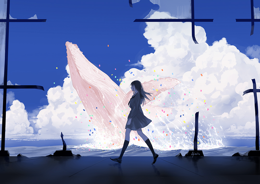 1girl ajimita artist_name bangs black_footwear black_legwear blue_sky breasts broken broken_glass broken_window building clouds cloudy_sky commentary confetti day from_side glass kneehighs loafers long_hair long_sleeves neckerchief ocean original outdoors pleated_skirt profile red_neckwear ruins sailor_collar scenery school_uniform serafuku shoes signature skirt sky solo surreal walking water whale wide_shot window