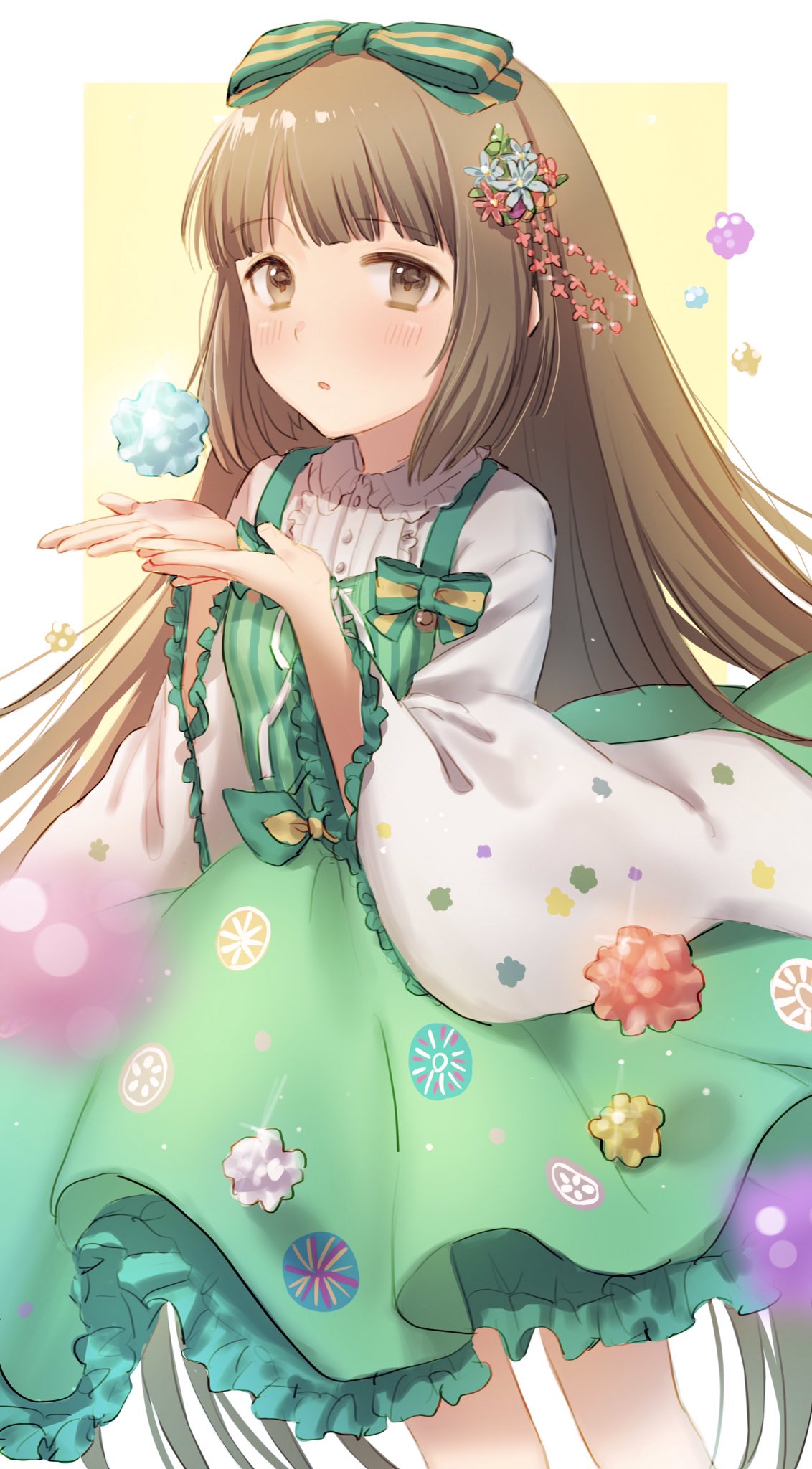 1girl :o bangs blunt_bangs blush bow brown_eyes candy collar commentary dress eyebrows_visible_through_hair feet_out_of_frame food frilled_collar frilled_dress frills green_dress hair_bow hair_down hair_ornament highres idolmaster idolmaster_cinderella_girls konpeitou light_brown_hair long_hair long_sleeves looking_at_viewer parted_lips senbei_no_kakera solo striped striped_bow two-tone_background vertical_stripes very_long_hair wide_sleeves yorita_yoshino