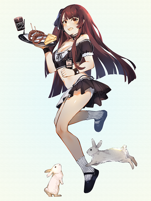 1girl angry animal badge bangs bare_shoulders black_footwear black_miniskirt black_neckwear blush breasts brown_hair bullpup cake casual collarbone commentary english_commentary eyebrows_visible_through_hair food from_side girls_frontline gun hair_ribbon holding holding_plate long_hair looking_at_viewer maid mania_(fd6060_60) medium_breasts miniskirt navel open_mouth plate rabbit ribbon rifle shoes simple_background skirt sniper_rifle socks solo standing standing_on_one_leg uniform wa2000_(girls_frontline) walther walther_wa_2000 weapon white_background white_legwear