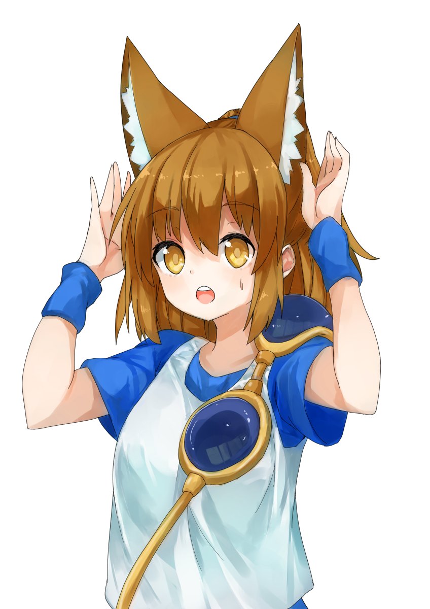 1girl animal_ear_fluff animal_ears arle_nadja brown_eyes brown_hair commentary fox_ears highres kemonomimi_mode long_hair open_mouth parted_lips ponytail puyopuyo shirt simple_background solo sweat sweatdrop tied_hair waichi white_background wristband