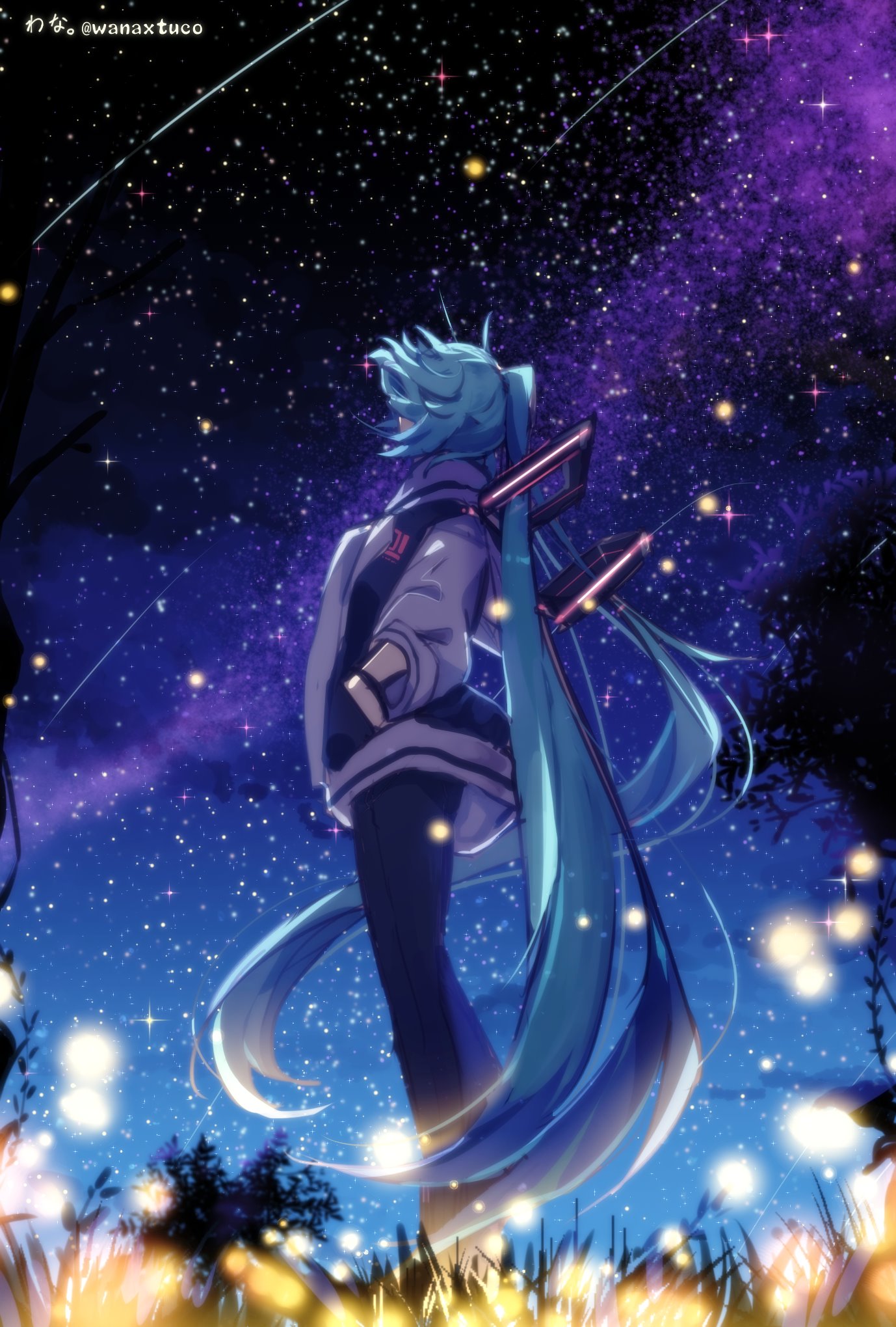 1girl aqua_hair bug commentary firefly from_below galaxy grass hair_ornament hands_in_pockets hatsune_miku highres insect jacket long_hair looking_up night night_sky outdoors pants shooting_star sky solo standing star_(sky) starry_sky tree twintails twitter_username very_long_hair vocaloid wanaxtuco wide_shot